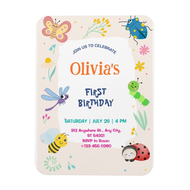 Ímã Convite de Aniversário de 1 ano Cute One Bug & But (Vertical)