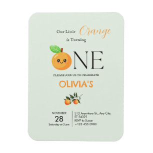 Ímã Convite de Aniversário de 1 ano Laranja Cítrico Fo