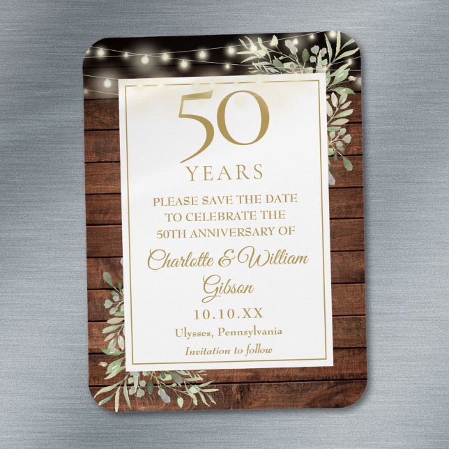 Ímã Convite de Aniversário de 50 Anos em Madeira Rústi (50th Anniversary Rustic Wood Save The Date Magnet)