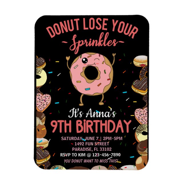 Ímã Convite de Aniversário de 9 Anos para Meninas Donu (Vertical)