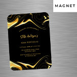 Ímã Convite de aniversário de luxo moderno de ouro neg<br><div class="desc">Um fundo negro. Decorado com restos de ouro falsos. Personalize e adicione seu nome e detalhes da festa.</div>