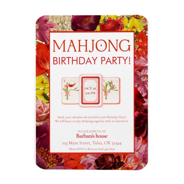 Ímã Convite de Aniversário de Mahjong, Floral (Vertical)