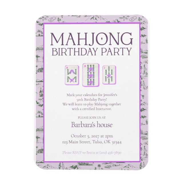 Ímã Convite de Aniversário de Mahjong, toile roxo (Vertical)