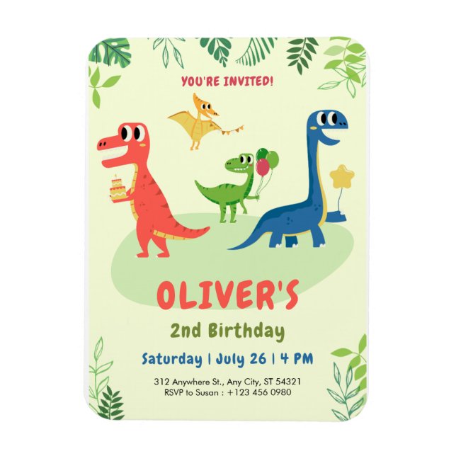 Ímã Convite de Aniversário de Meninos Dinossauro T-rex (Vertical)