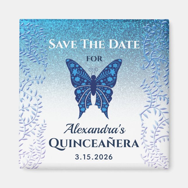 Imã Convite de Blue Butterfly Quinceañera para Salvar  (Frente)