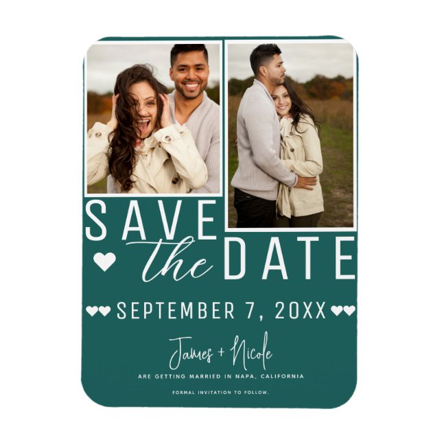 Ímã Convite de casamento com foto 2 Save the Date azul (Vertical)