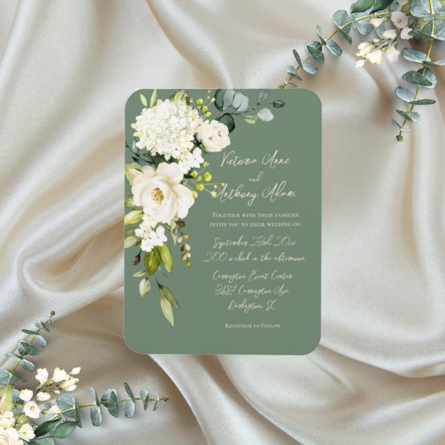 Ímã Convite De Casamento De Script Floral Verde Elegan (Criador carregado)