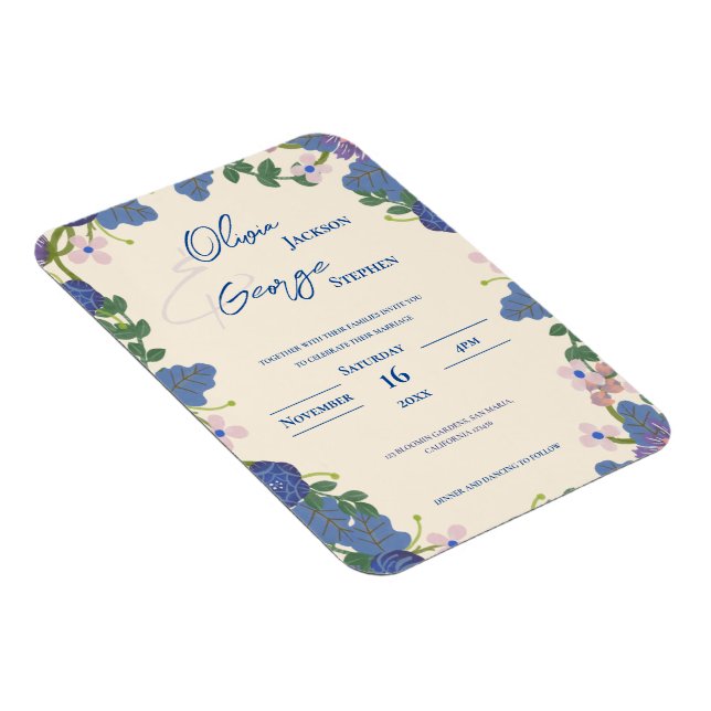 Ímã Convite de Casamento Floral Azul Roxo Romântico (Lado Direito)
