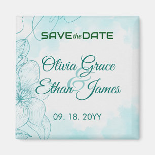 Imã Convite de Casamento Floral em Aquarela Azul Elega