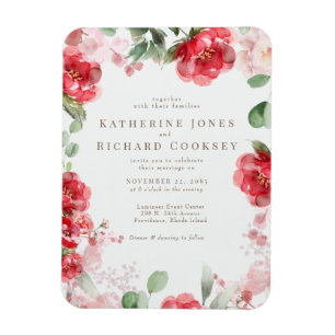 Ímã Convite de Casamento Floral Rosa e Vermelho Aquare
