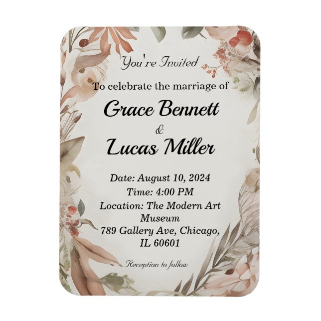 Ímã Convite de casamento simples com flores pintadas (Vertical)