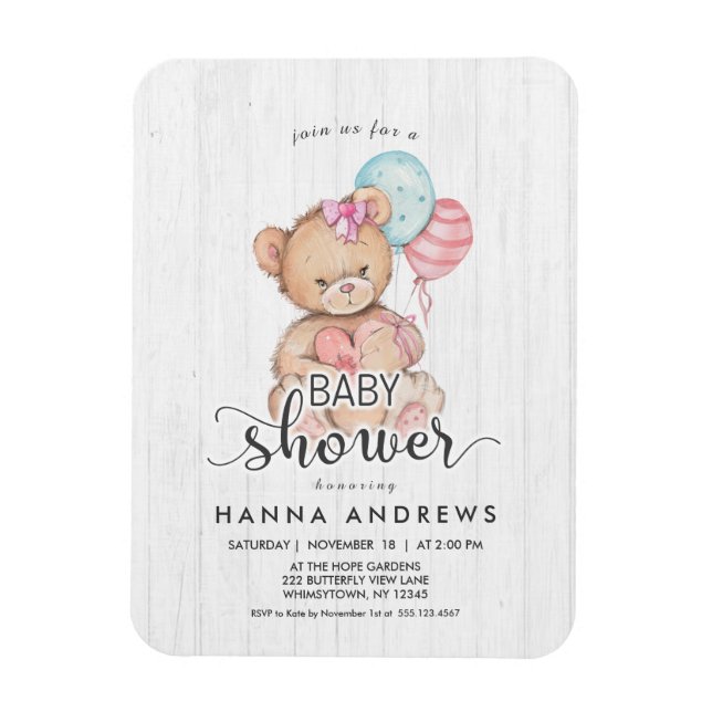 Ímã Convite de Chá de Bebê Menina Urso Teddy em Madeir (Vertical)