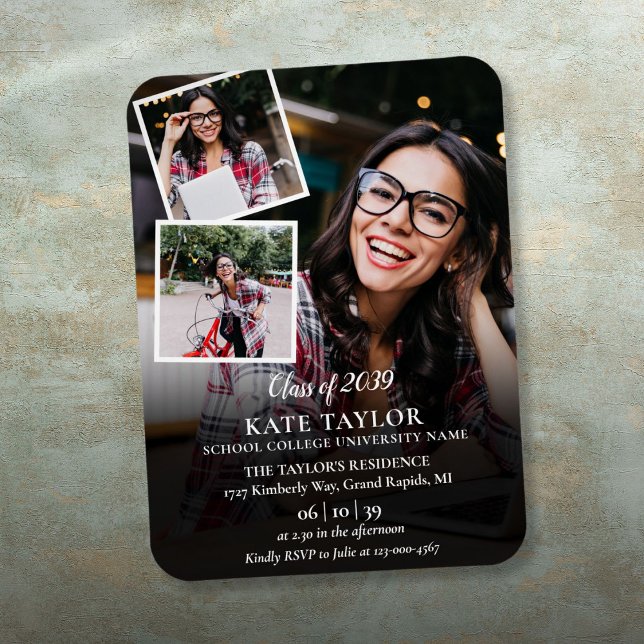 Ímã Convite de Festa de Formatura com Colagem de 3 Fot (3 Photo Collage Graduation Party Invitation Magnet)