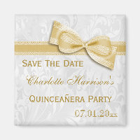 Convite de Quinceañera com Laço Dourado e Damasco