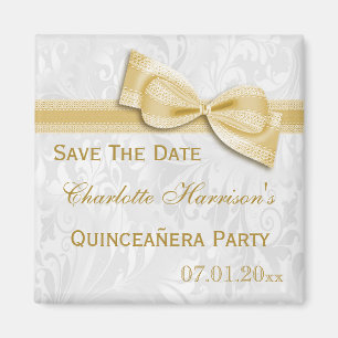 Imã Convite de Quinceañera com Laço Dourado e Damasco