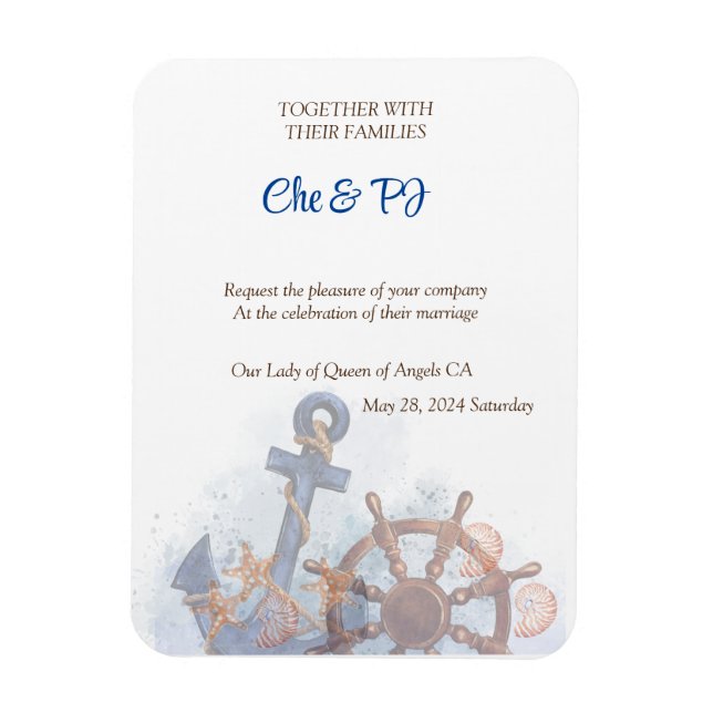 Ímã Convite de Tema de Casamento em Praia Náutica (Vertical)