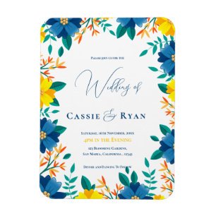 Ímã Convite para Casamento Floral Amarelo e Azul Chic
