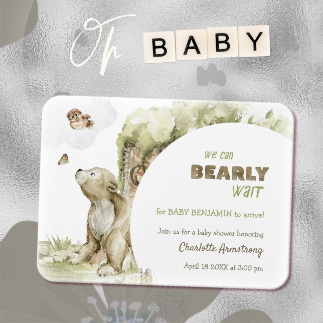 Ímã Convite para Chá de fraldas de Espera Bearl (Sweet Bearly Wait Baby Shower Invitation Magnet ©Susanne Sachers - Sunny Mind Design 🌞)