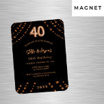 Ímã convite para estrelas rosa de ouro aniversário de<br><div class="desc">Para uma aniversário de 40 anos elegante. Um fundo negro. Decorado com estrelas rosa douradas. Personalize e adicione um nome,  detalhes da festa,  ano de nascimento. O nome é escrito com um script de estilo manuscrito</div>
