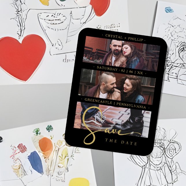 Ímã Cool Black Golden Romantic Wedding 3 Multi Photos (Cool Black Golden Romantic Wedding 3 Multi Photos Save de Date Wedding Magnet)