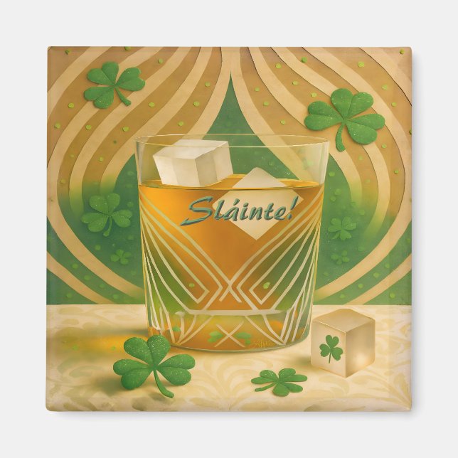Imã Copo para Uísque Irlandês Shamrocks "Sláinte!" (Frente)