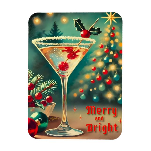 Ímã Coquetel de Natal com Feliz retrorada Martini (Vertical)