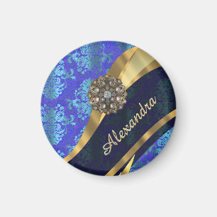 Imã Cor damasco feminino bonito azul personalizada