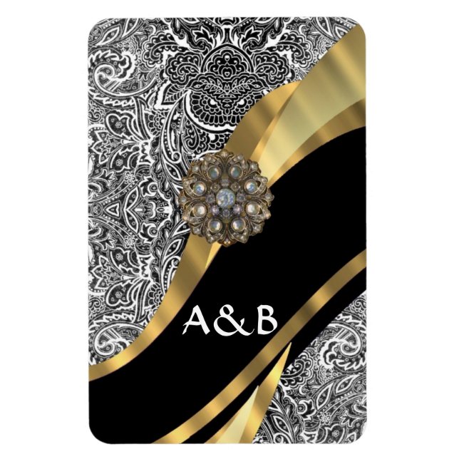 Ímã Cor damasco floral preto e branco (Vertical)
