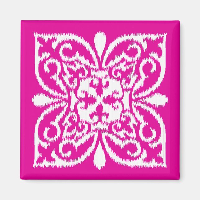 Imã Cor damasco Ikat - rosa profundo e branco (Frente)