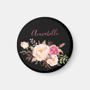 Imã Cor-de-rosa - Floral brilhante - Preto