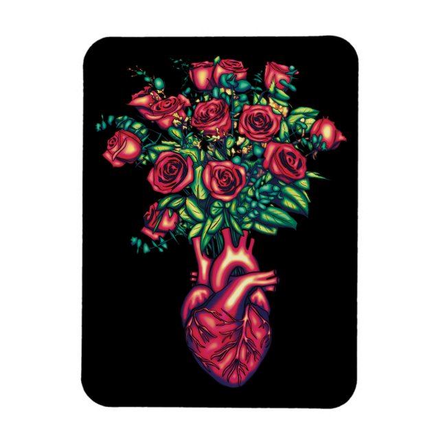 Ímã Coração Anatômico com Rosas, Guerreiro Cardíaco (Vertical)