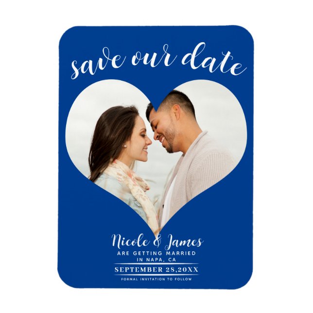 Ímã Coração Azul Profundo Foto Casamento Salvar a Data (Vertical)