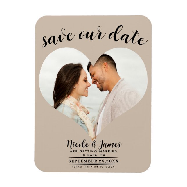Ímã Coração Bege Foto Casamento Salve a Data (Vertical)