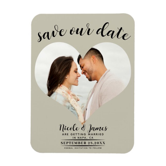 Ímã Coração Bege Khaki Foto Casamento Salve a Data (Vertical)