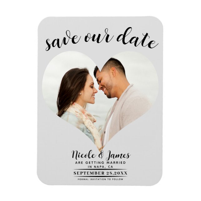 Ímã Coração Cinza Claro Foto Casamento Salvar a Data (Vertical)