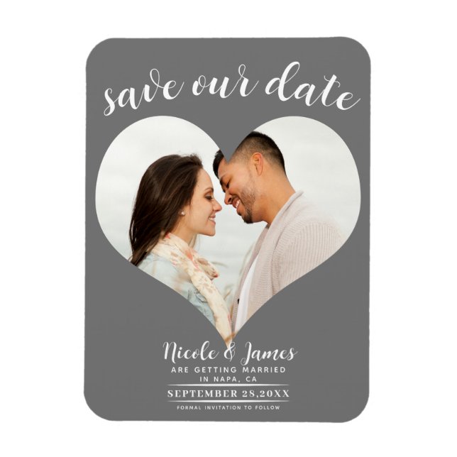 Ímã Coração Cinza Escuro Foto Casamento Salvar a Data (Vertical)