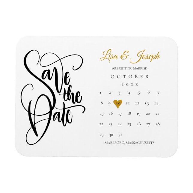 Ímã Coração de Amor Dourado Calendário Salvar a Data (Horizontal)