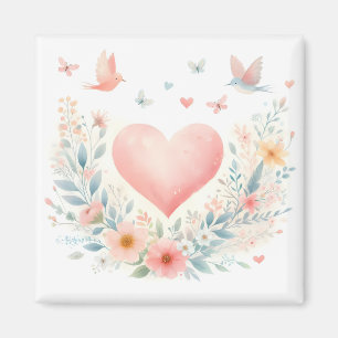 Imã Coração de Aquarela Suave Amor Flores Pássaros