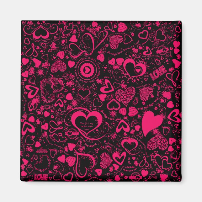 Imã Coração Doodles Pink-Black-Square Magnet (Frente)