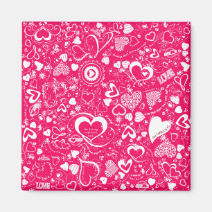 Imã Coração Doodles Pink-White-Square Magnet