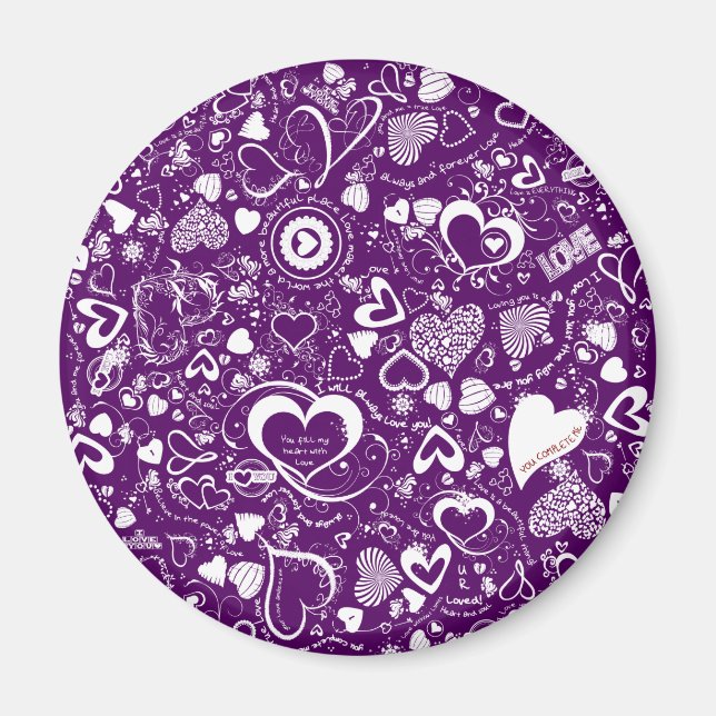 Imã Coração Doodles Purple-White-Round Magnet (Frente)