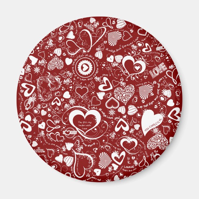Imã Coração Doodles Red-White-Round Magnet (Frente)