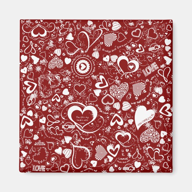 Imã Coração Doodles Red-White-Square Magnet (Frente)