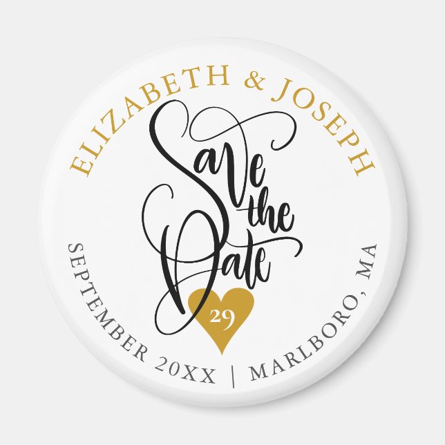 Imã Coração Dourado Elegante  Script Salve a Data (Frente)