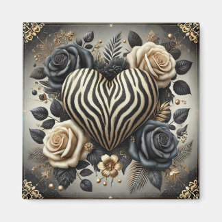 Imã Coração e Rosas de Impressão Elegante Zebra