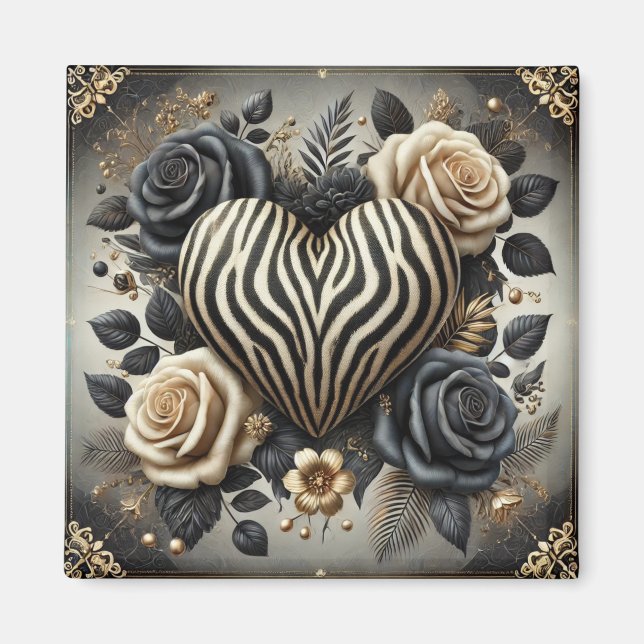 Imã Coração e Rosas de Impressão Elegante Zebra (Frente)