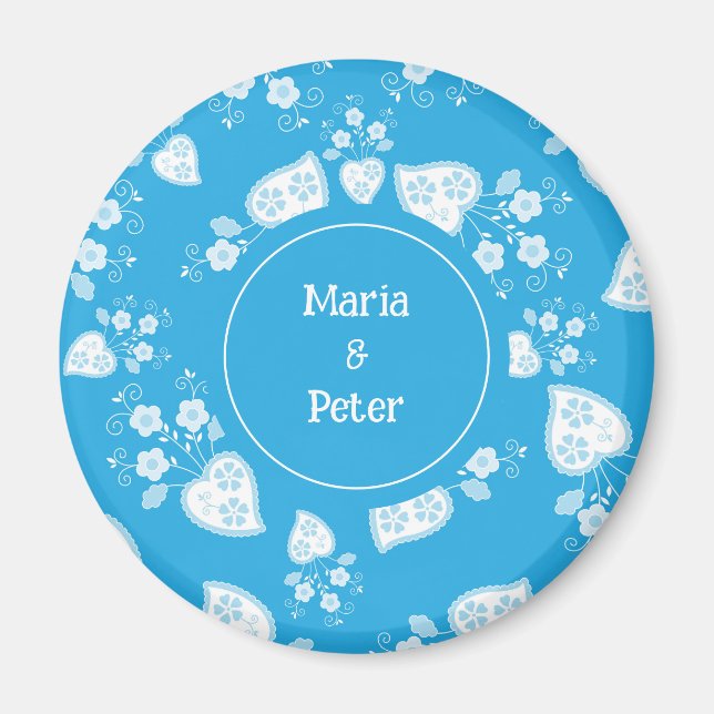 Imã Coração flor azul com padrão de flores (Frente)