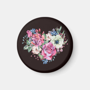 Imã Coração floral em aquarela: rosas vintage.