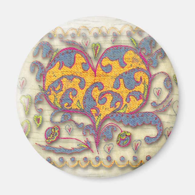 Imã Coração Folk Art com folhas e flores (Frente)