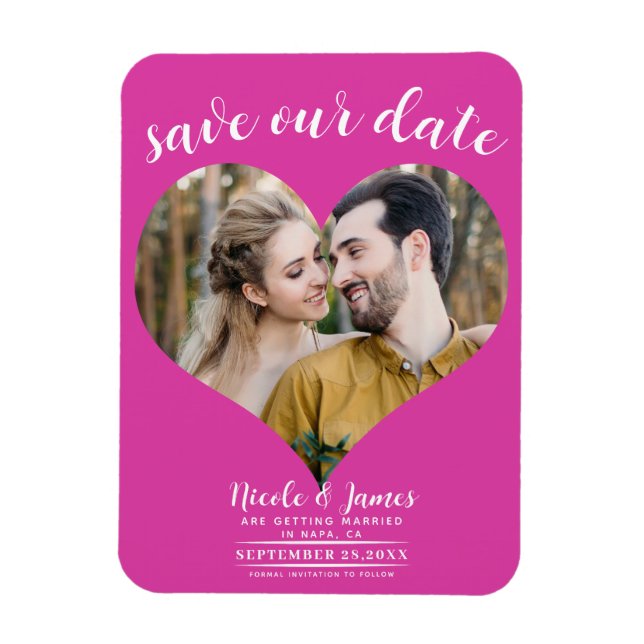 Ímã Coração Rosa Quente Foto Casamento Salve a Data (Vertical)